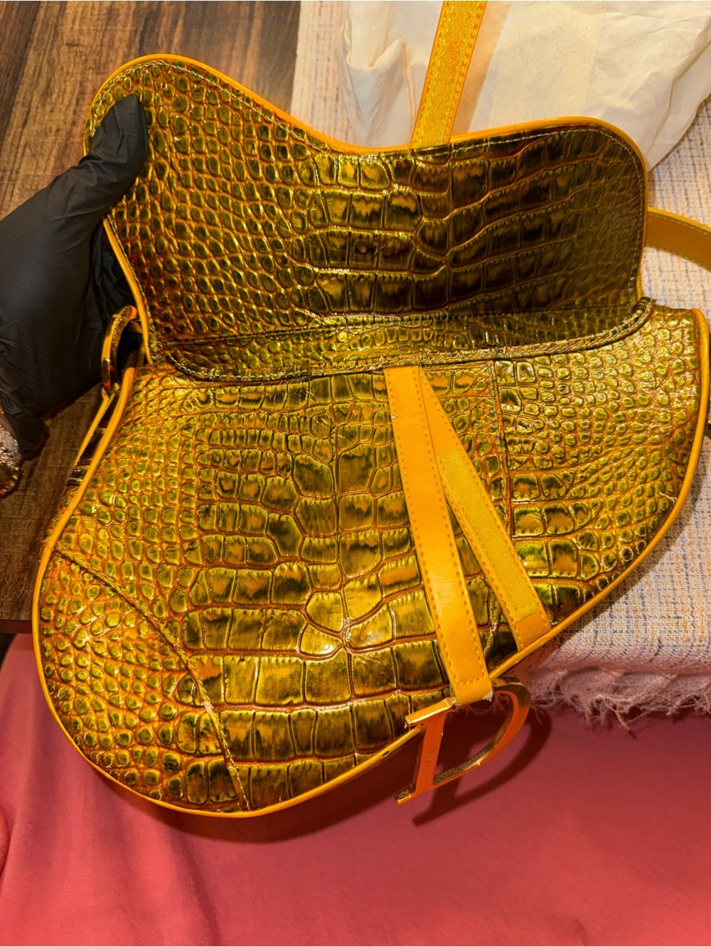 Rare Vintage Dior Saddle Bag with Yellow Croc-Embossed and Gold Hardware - Picture 6 of 16